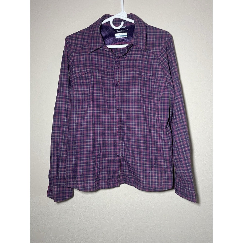 Columbia Omni-shade XL Purple Gray Plaid Woven Long Sleeve Point Collar Shirt